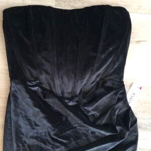 Black velvet Bardot thigh high slit formal dress